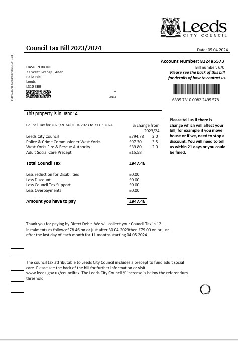 United Kingdom Leeds City Council tax business utility bill template in Word and PDF formats